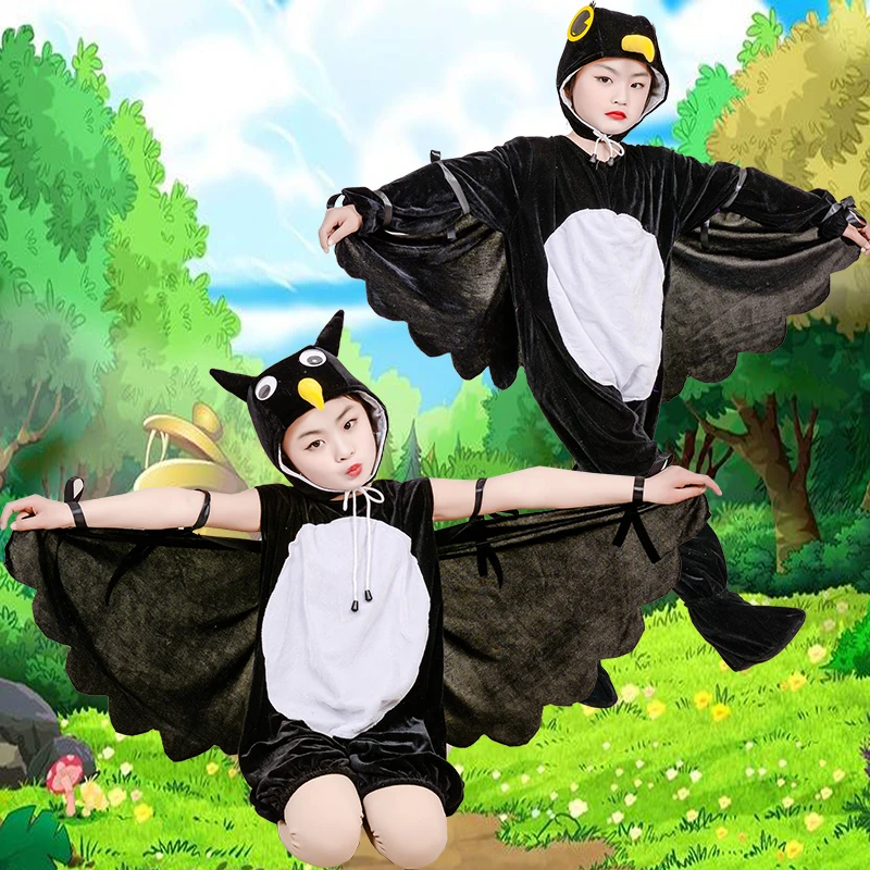 Children Black Crow Owl Costume Genuine Disguise Halloween Kids Animals Performance Cosplay Carnival Party Dress-up Jumpsuit |