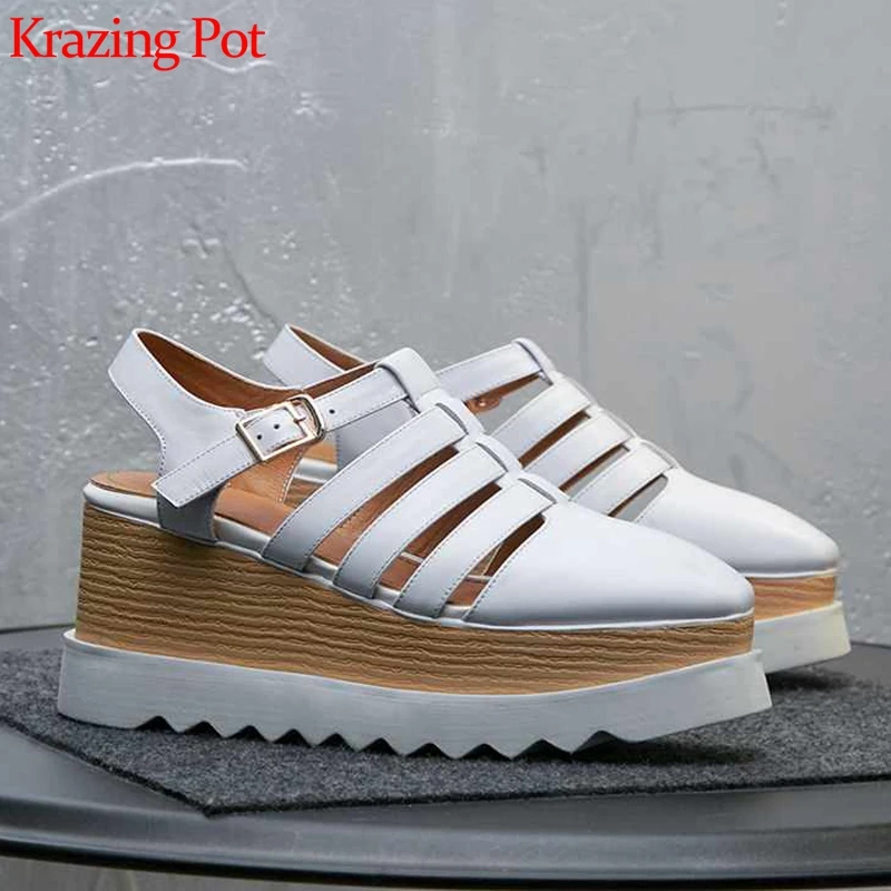 

Krazing Pot summer fashion European hollow designer wedges platform square toe high bottom buckle straps retro Rome pumps L58