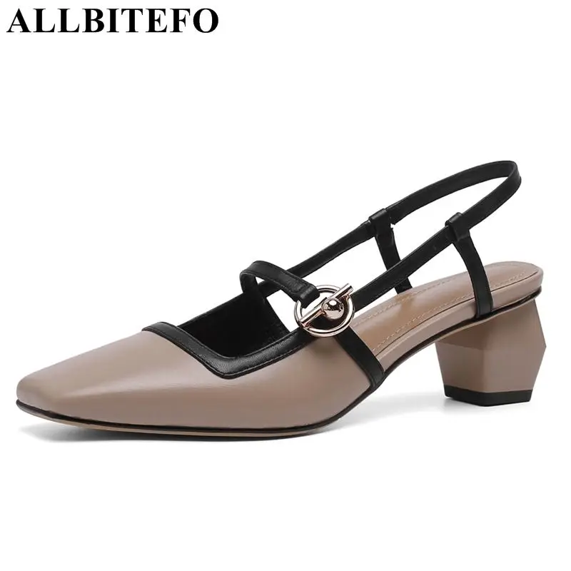 ALLBITEFO genuine leather women sandals high quality middle heel square heels office ladies summer shoes woman sandals ALLBITEFO genuine leather women sandals high quality middle heel square heels office ladies summer shoes woman sandals