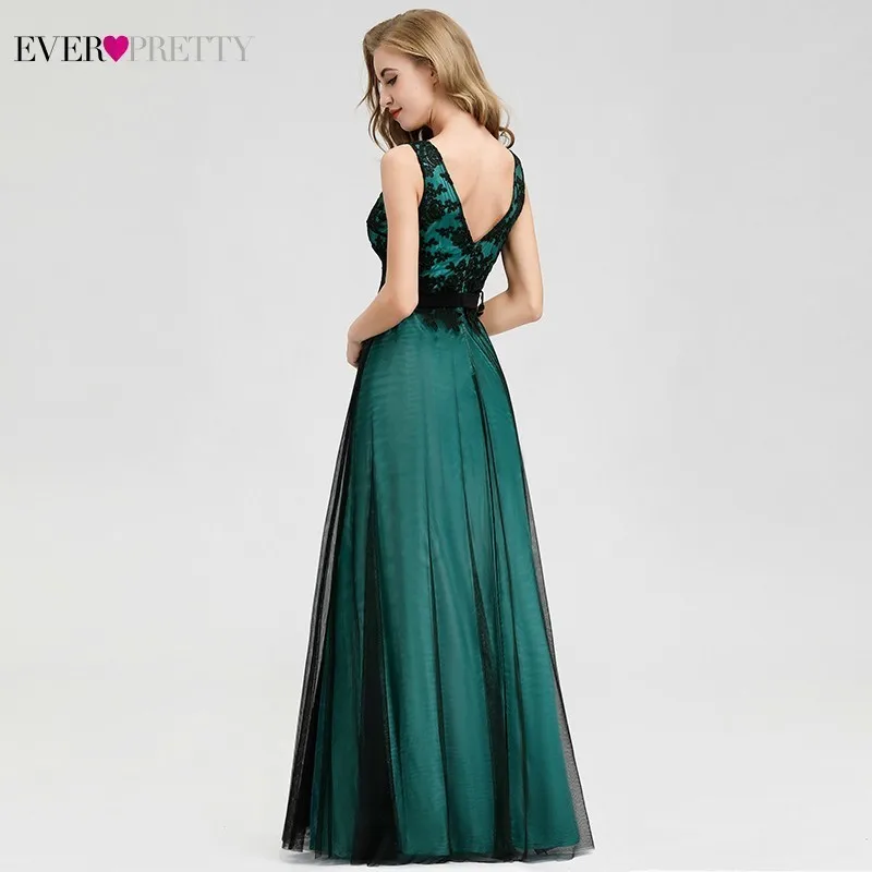 Robe De Soiree Ever Pretty темно-зеленые кружевные вечерние платья Длинные трапециевидные с v-образным вырезом без рукавов элегантные официальные платья Vestido Comprido