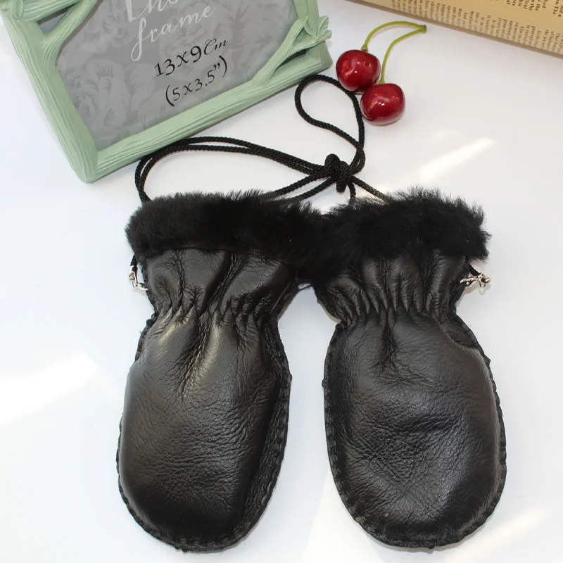 Winter Warm Gloves for Boys Girls Genuine Sheep Fur Gloves Mittens Kids Snow Ski Children's Fur Mitts Rope Black