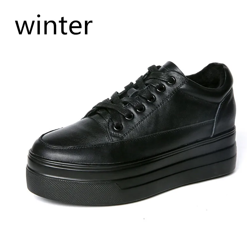 SWONCO/Женская обувь на плоской подошве; коллекция года; сезон осень-зима; женская обувь из натуральной кожи с коротким плюшем; кроссовки; обувь на платформе; женская обувь черного цвета - Цвет: Black Winter