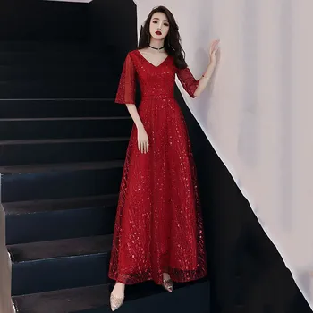 

Sexy Lady V Neck Evening Party Gown Cheongsam Exquisite Sequins Bling Mesh Maxi Dress Qipao Mid Sleeve Beads Vestidos De Festa