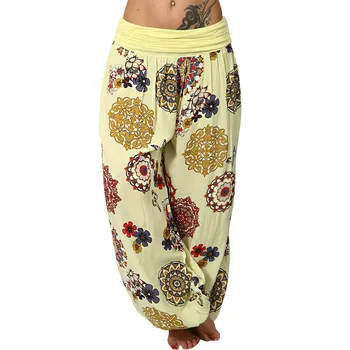 

2019 Summer Women Casual Loose Pants Boho Ladies Baggy Printed Pants Capris Femme Wide Leg Pants High Waist Beach Trousers