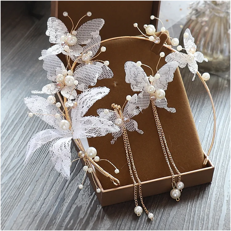 

Korean Super Immortal New Headdress Princess Hair Ornament Earrings Series Sweet Lace Butterfly tiara Wedding hair Accessories