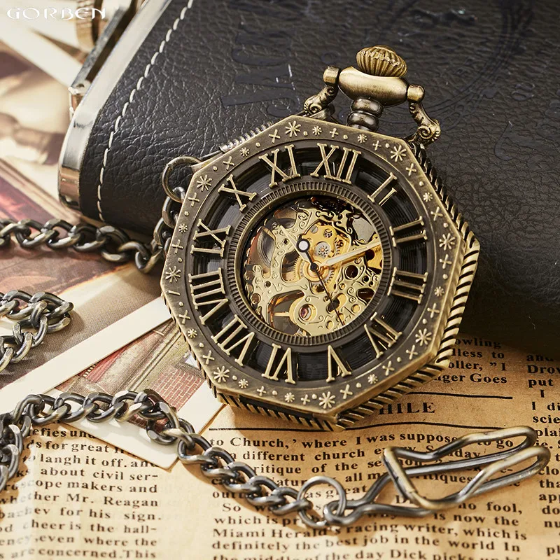 2020 New Classic Hexagonal Mechanical Pocket Watch FOB Chain Steampunk Roman Dial Skeleton Golden Hollow Steel Mens Pocket Watch