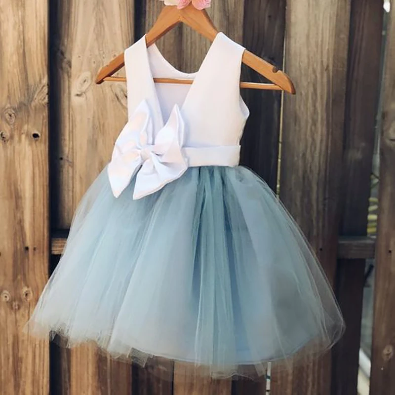 

Smileven Blue Cheap Flower Girl Dress 2019 Princess A Line Kids Toddler First Communion Dress with Bow Party Girl Dress