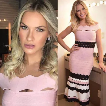 

2019 New Elegant Winter Bandage Dress Sexy Slash Neck Patchwork Casual Runway Dress Women Celebrity Evening Party Dress Vestidos