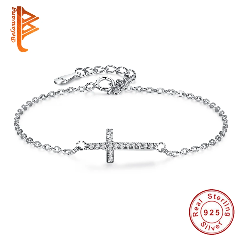 BELAWANG, роскошный 925 пробы, серебряный крест, очаровательный браслет с AAA+ крошечные кристаллы, звенья цепи, браслет для женщин, свадебные ювелирные изделия