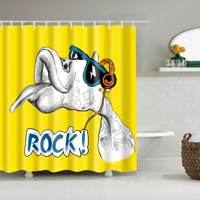 Funny Rock Giraffe Shower Curtain Yellow Cute Animal Headset Glasses Waterproof Polyester Bathroom Decor Sets | Дом и сад