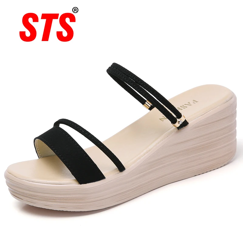 

STS Women Platform Black sandalia feminina New Fashion Women Sandals Suede Leather Slippers Comfortable Summer High Heel Sandals