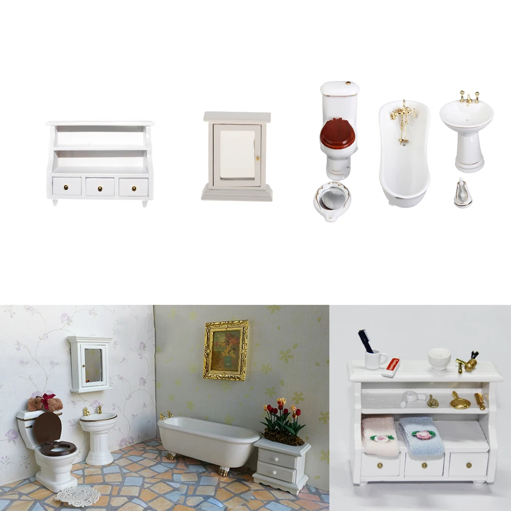 1/12 Scale White Dollhouse Miniature Bathroom Cabinet Furniture Set Decoration Accessory Toys Pretend Play for Children