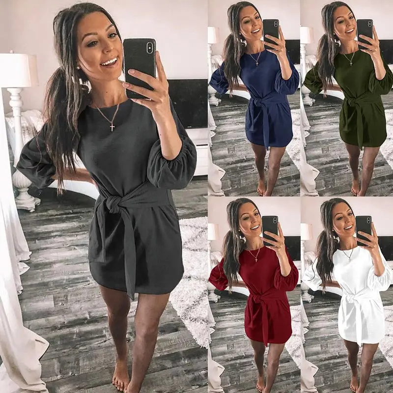 

Women's Bandage Shirt Mini Dress High Waist Long Sleeve Solid O-neck Female Dresses 2019 Spring Summer Ladies Casual Short Dress