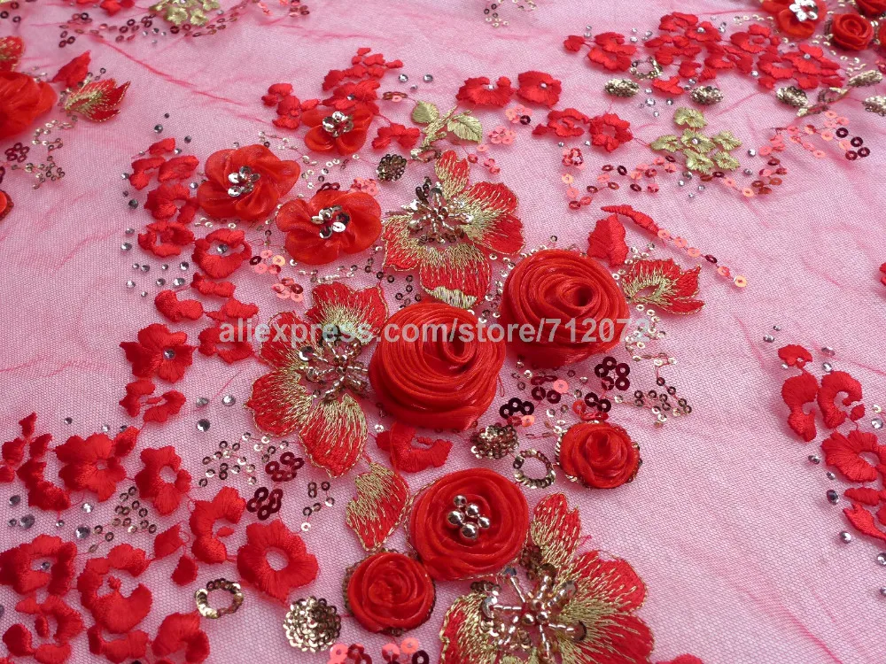 

Hot popular 10colors 3D rose beaded sequins lace fabric for wedding dress stage clothing evening dress 130cm by yard