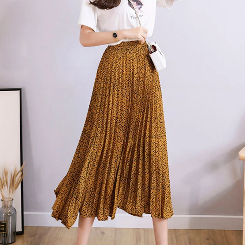 

2019 Summer Women Midi Skirts Bottom Korean Boho Bohemian Ladies Leopard Printed High Waist Flare Pleated Skirt For Women Female