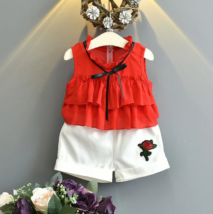 sleeveless red tops+floral embroider shorts summer 2019 kid girls set toddler little girl clothes children boutique clothing