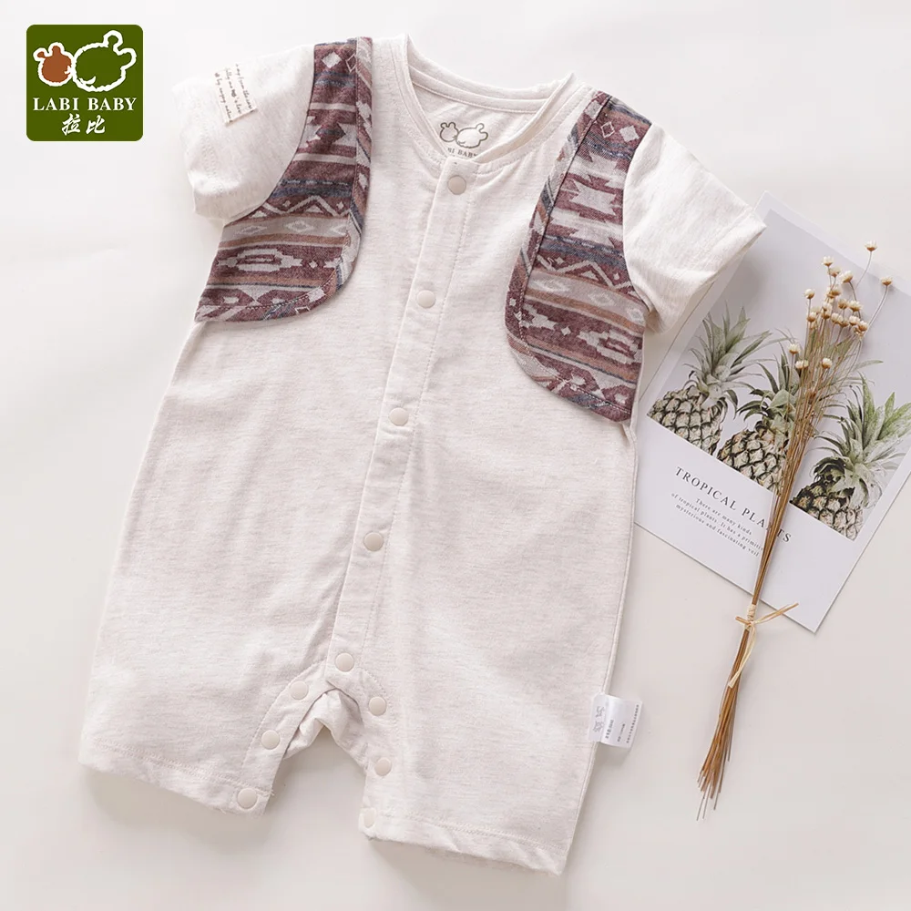 

LABIBABY Baby Boys Short Sleeve Rompers One-Piece Tribal Folk Style Fake Two-piece Shirt Cotton O-neck Kids Clothes for Summer