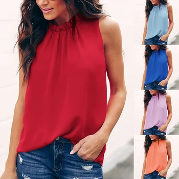 

Women Loose Halter Neck Sleeveless Blouses Shirts Tank Top for Summer Solid color 2020 New Fashion Female Casual Clothes Tee