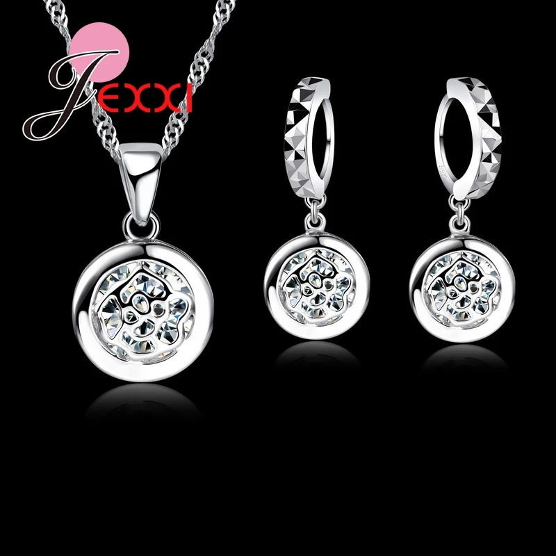 Classical-Circular-Rose-Pendant-Jewelry-Set-CZ-Cubic-Zirconia-925-Sterling-Silver-Necklace-And-Earrings-Set