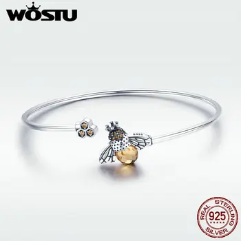 

WOSTU Genuine 925 Sterling Silver Hot Sell Bee Glitter Chain Bracelet For Women Original Link Bangle Fashion Jewelry Gift DXB104