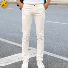 Хит, летние тонкие повседневные облегающие однотонные белые узкие брюки для мужчин и подростков, прямые деловые узкие брюки, Pantalon Homme, 28-36