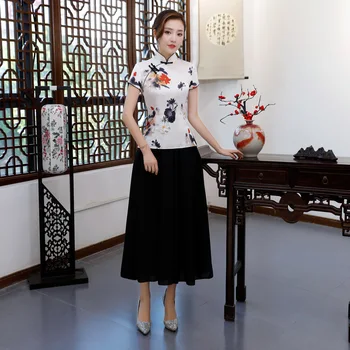 

Vintage Flowers Chinese Blouse Skirt Sets Women Lace Short Sleeve Shirt Mandarin Collar Clothing New Arrival Summer S-XXXL 9983