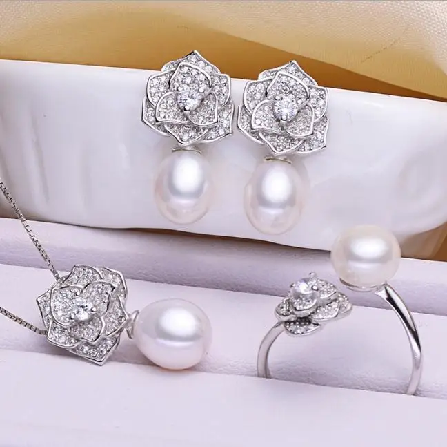 

gorgeous 9-10mm south sea baroque white pearl necklace &earring&ring