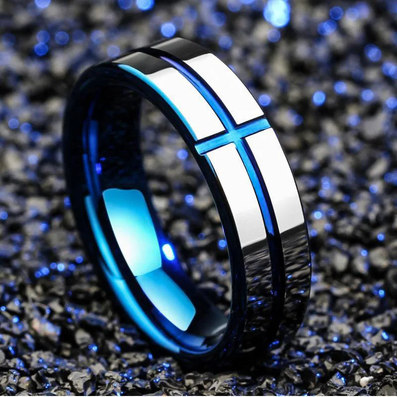 New Fashion Jewelry Titanium Steel Ring for Men Blue Cross Stainless Steel Mens Ring Personality Charms Rings Wedding Party Punk