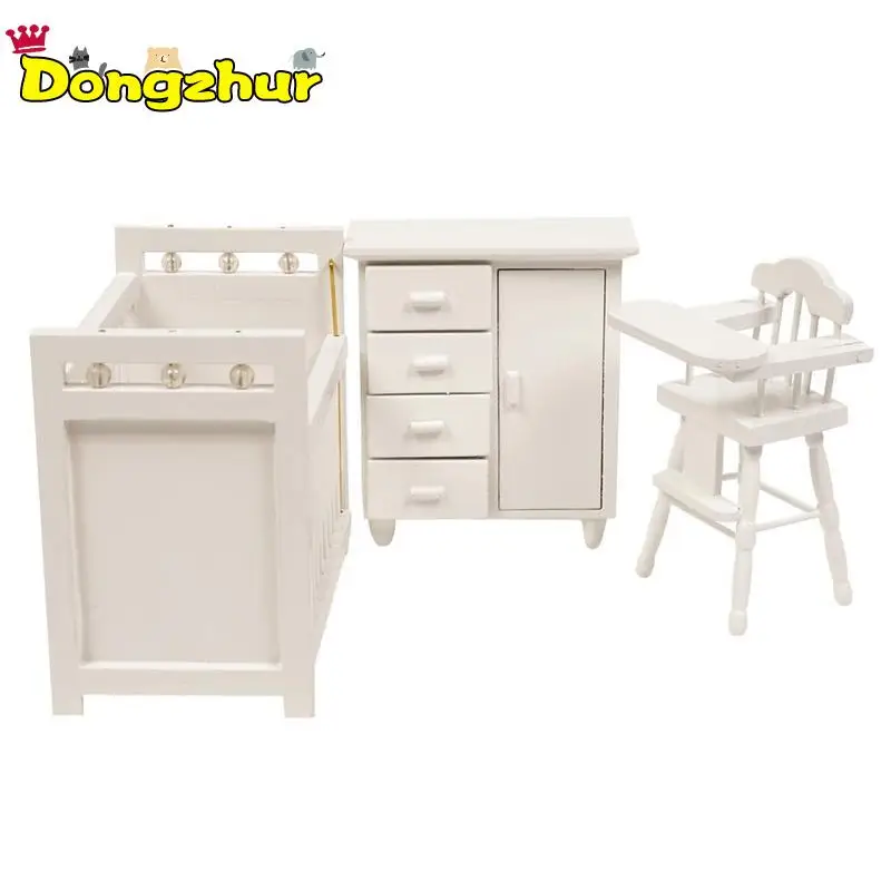 

Dongzhur 3pcs/set Bedroom Furniture Wooden Crib Bed Baby Chair Cabinet 1:12 Scale Dollhouse Mini Kids DIY Doll House WWP6562