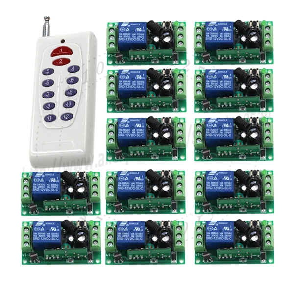 

DC 12 CH 10A Relay 12 Receiver +1 Transmitter Light Lamp on off switch 12v Wireless System 315/433Mhz Fixed code SKU: 5115