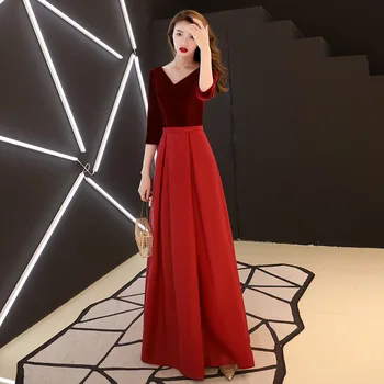 

Dark Red Lady Party Dress Oriental Women's V-Neck Cheongsam Elegant Long Qipao Sexy Slim Wedding Gowns Vestidos XS-XXXL