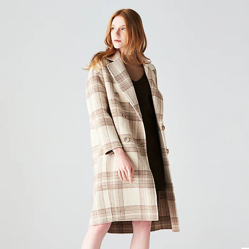 Двухсторонний кашемировый пальто Для женщин осенние и зимние новые двусторонний Пальто двубортное клетчатое шерстяное пальто