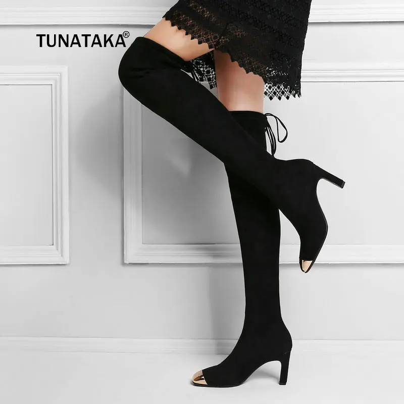 

Women Suede Square High Heel Over the Knee Boots Fashion Slip On Square Toe Fall Winter Stretch Thigh Boots Black
