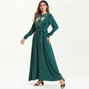 

2019 Summer Ruffle Lace Up Embroidery Bohemian Maxi Dress Plus Size Women Muslim Abaya Dubai Arab UAE Dressing Gowns VKDR1594