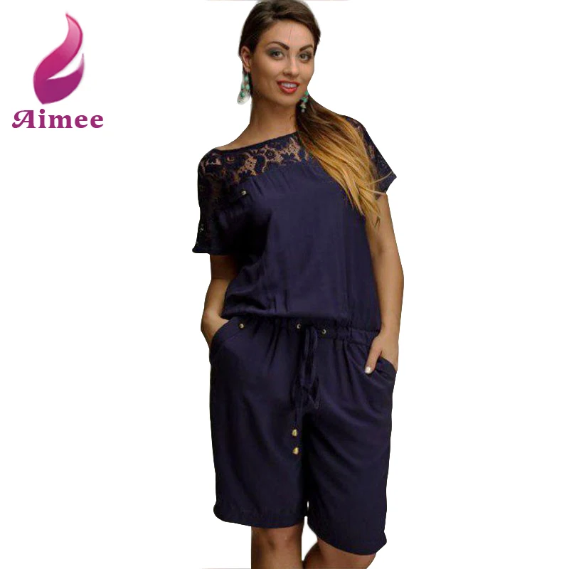 New Women Short Sleeve Jumpsuit Summer Women Kneelength Overalls Lace