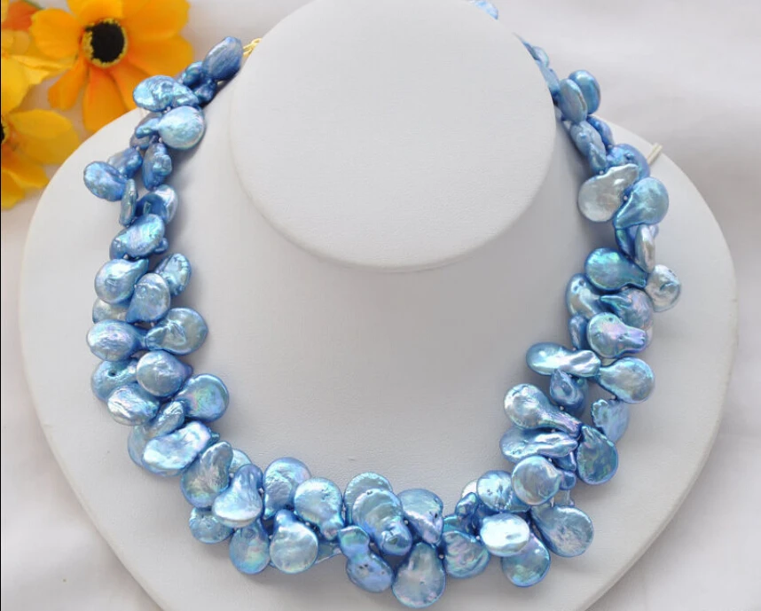 

z5271 NICE 2strands 15mm coin blue Freshwater cultured pearl necklace 17inch