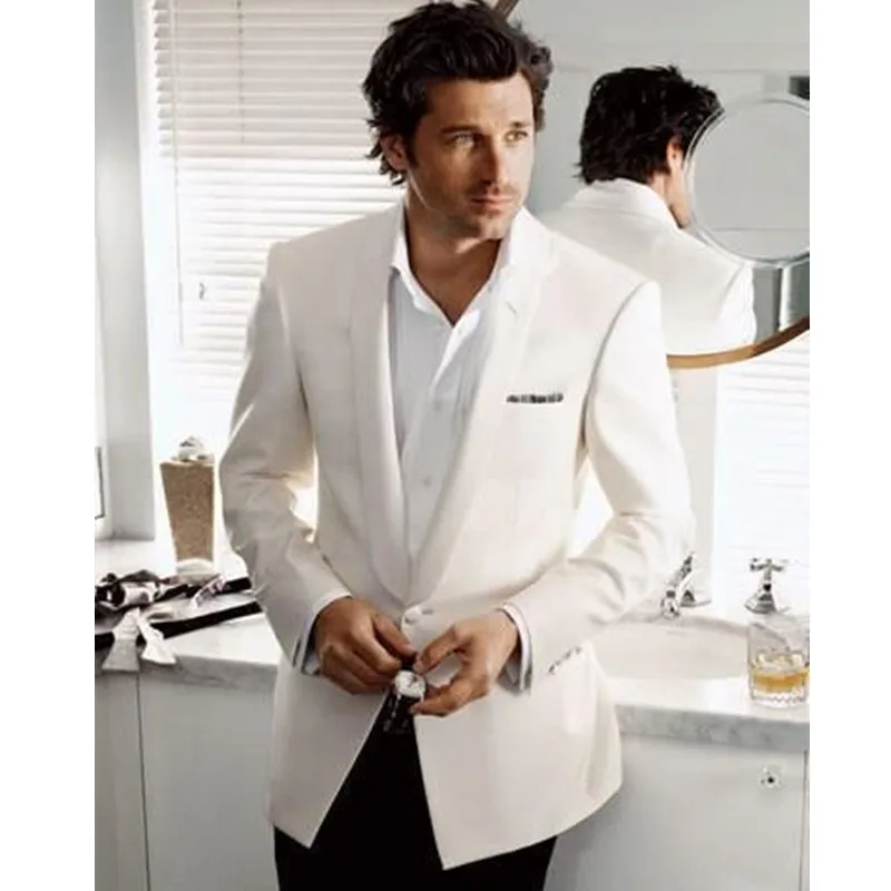 243 New Arrival Ivory Wedding Suits For Men White Mens Suits Shawl Lapel Grooms Tuxedos Slim Fit Two Piece Groomsmen Suit