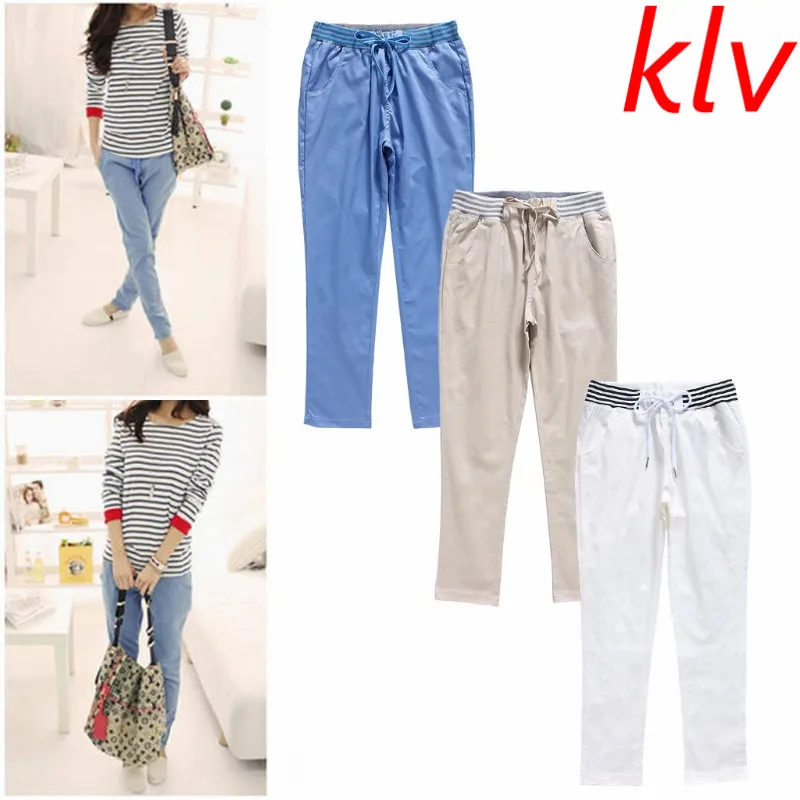 KLV/Демисезонный модные штаны-шаровары женские M-2XL эластичный пояс, карманы льняные леггинсы Для женщин штаны летние брюки