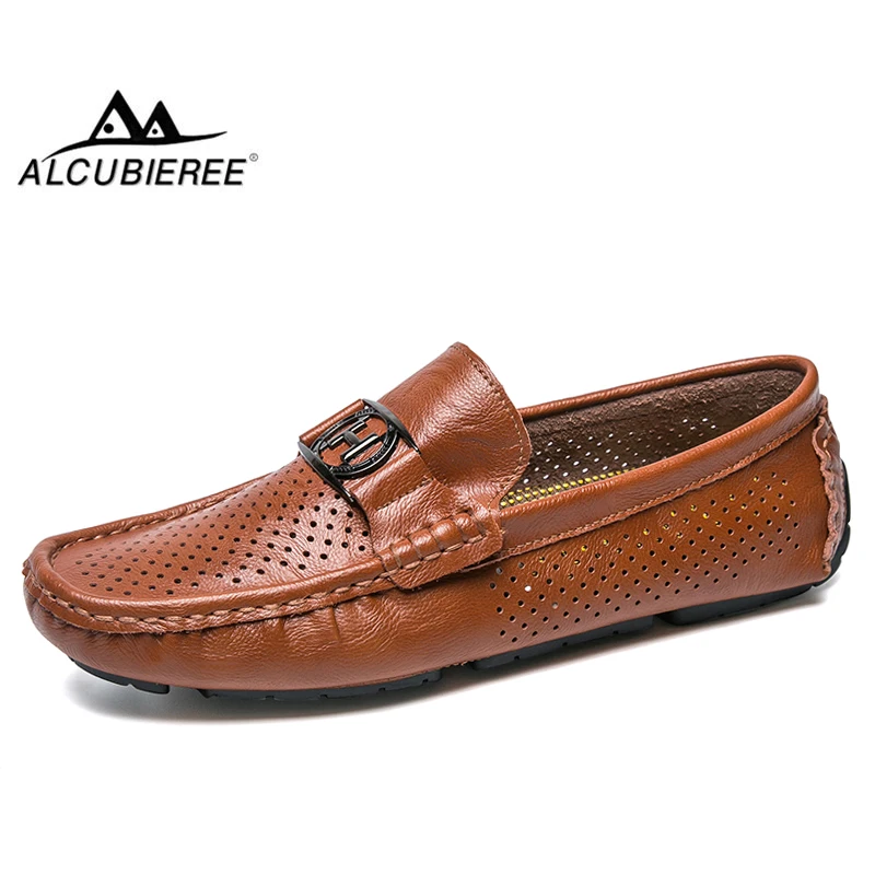 

ALCUBIEREE Brand Summer Hole Breathable Loafers Mens Genuine Leather Moccasins for Male Slip-on Driving Shoes Walking Footwear