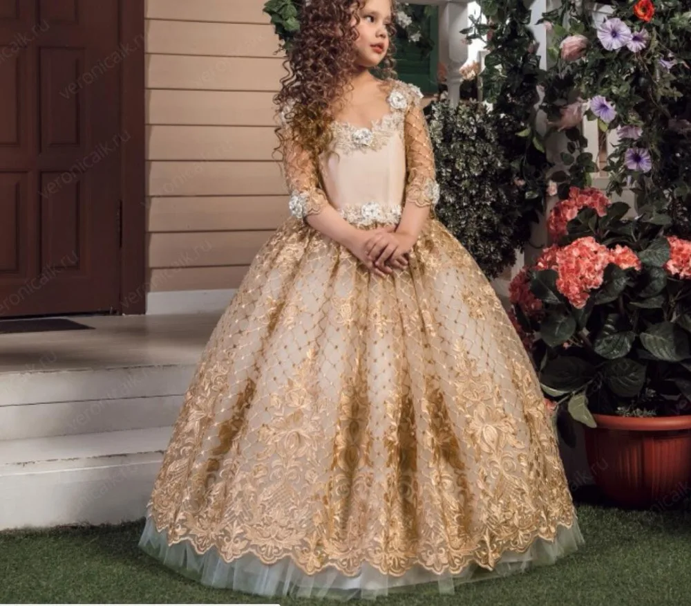 

2018 Champagne Flower Girls Dresses For Weddings Lace Appliques Ball Gown Birthday Girl Communion Pageant Gown
