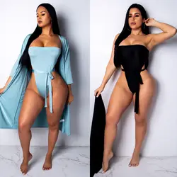 Черный топ bodycon strappy Боди и длинные рукава длинный плащ летние пикантные бикини Вечеринка каникулы наряды Женский комплект 2 шт