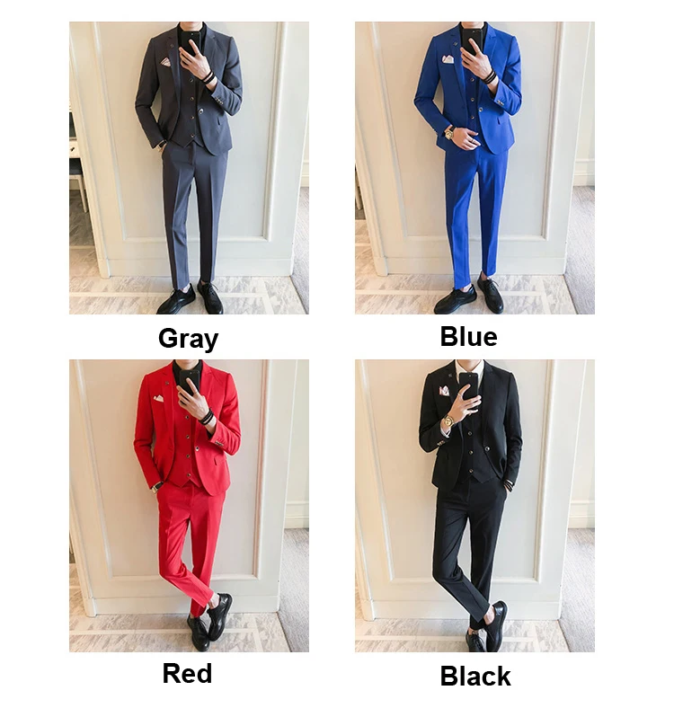 Современные Последние пальто брюки конструкции мужские костюмы Slim Fit Комплект из 3 предметов (куртка + жилет + брюки) классический красный