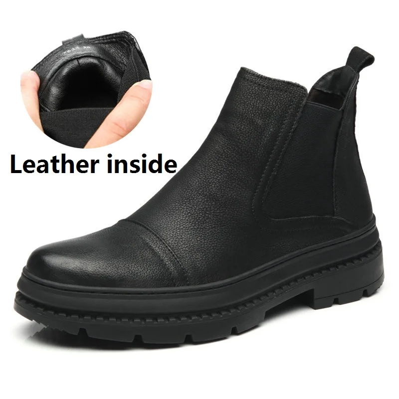 Plus Size 38-47 Chelsea Boots Men Winter Shoes Black Genuine Leather Thick sole Mens Footwear Warm Plush nonslip snow boots - Цвет: Leather inside