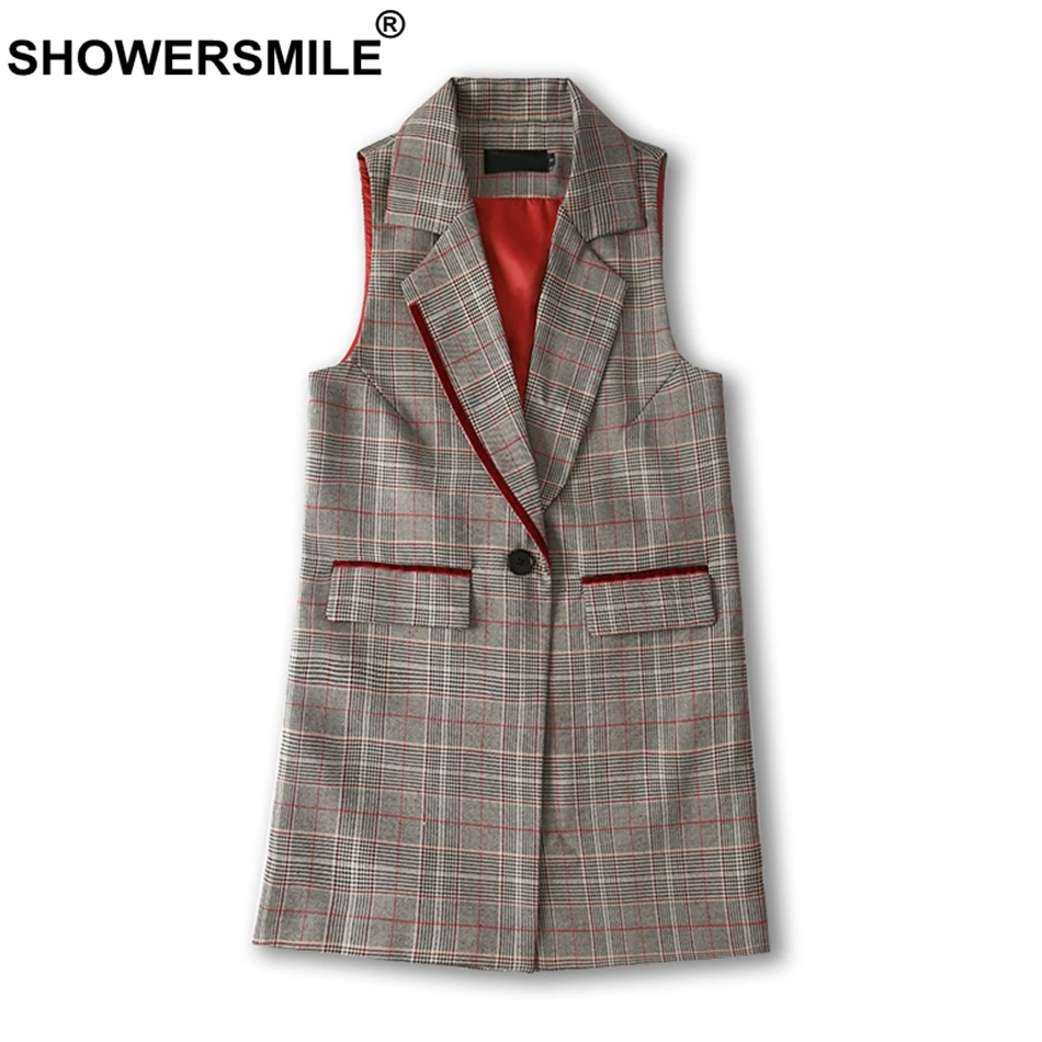 SHOWERSMILE 2018 Long Vest Women Plaid Waistcoat Khaki Office Gilet Female Checkered Pockets Designer Autumn Sleeveless Jackets