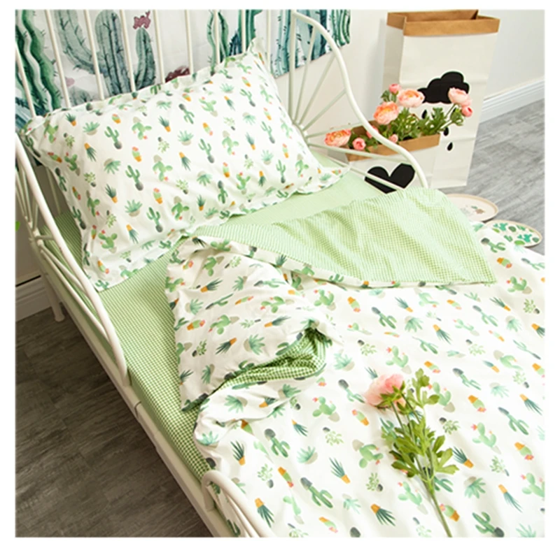 customize ins hot crib pillowcase bed sheet quilt cover 100% cotton cactus pattern baby kids bedding set  (9)