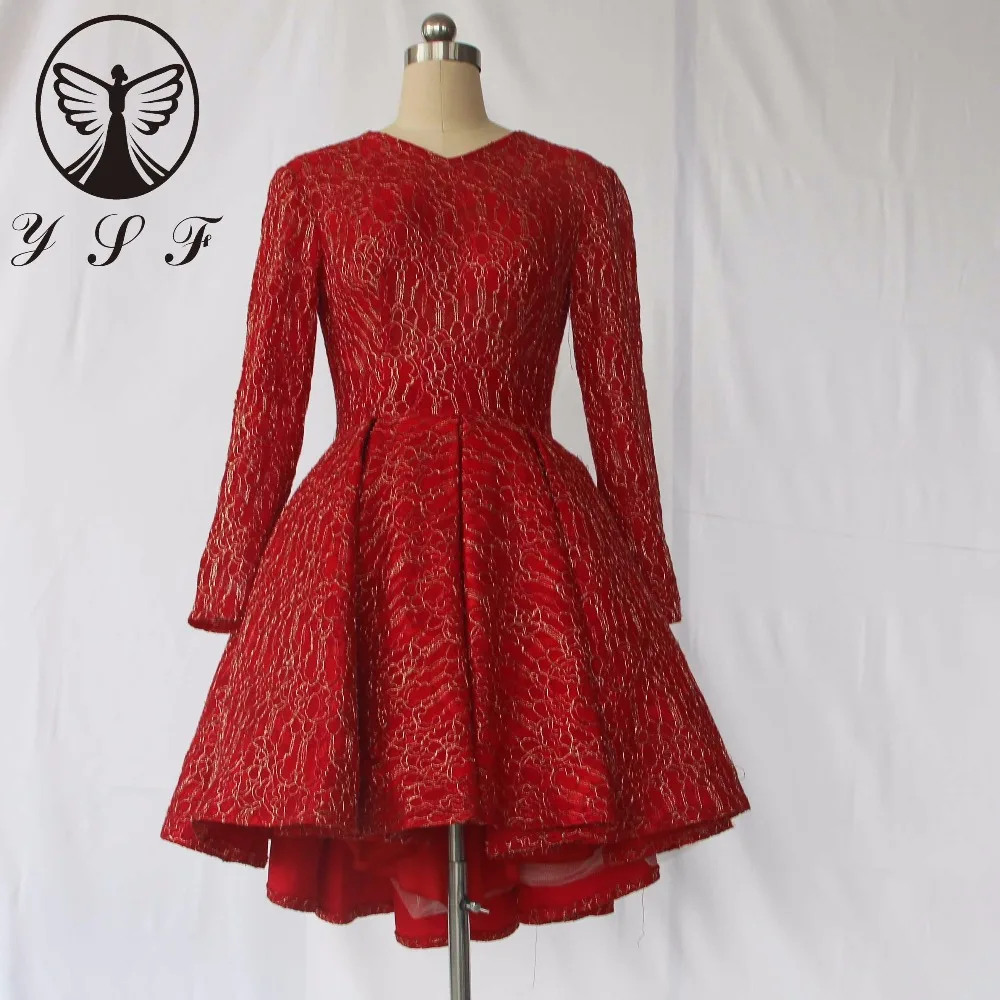 

2017 Fashion Red V Neck Lace Long Sleeve Pleated Keyhole Back Short Front Long Back Cocktail Dresses