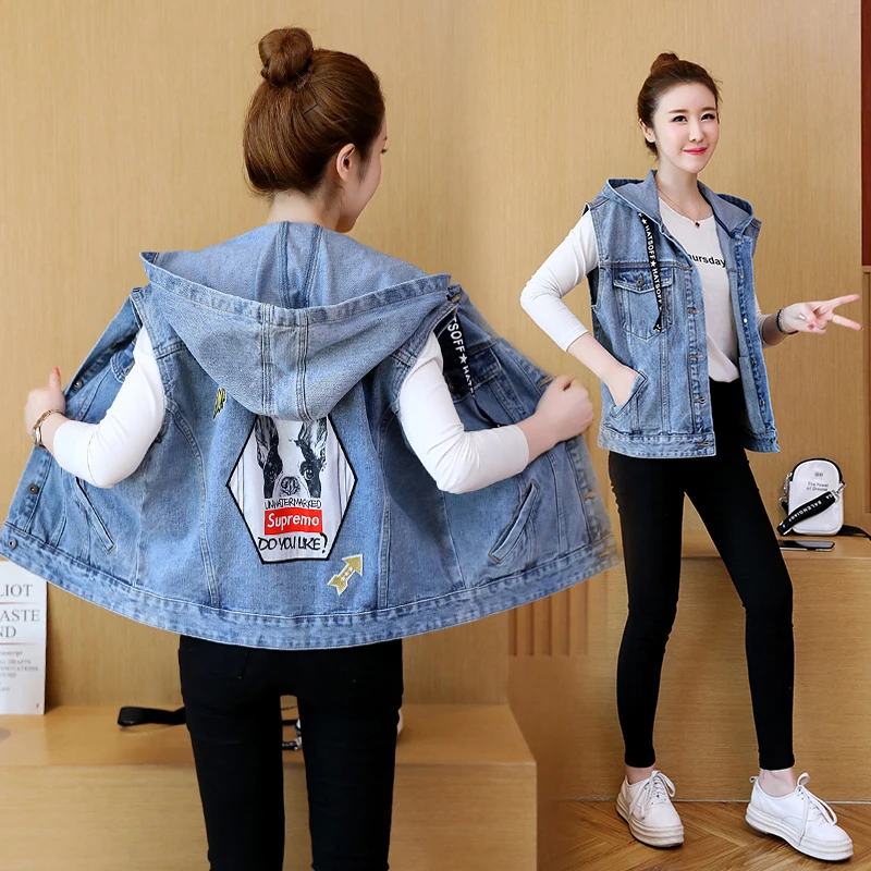 

Mr.nut 2019 spring new denim vest female short paragraph casual Korean women's hooded vest printing cartoon shirt tide