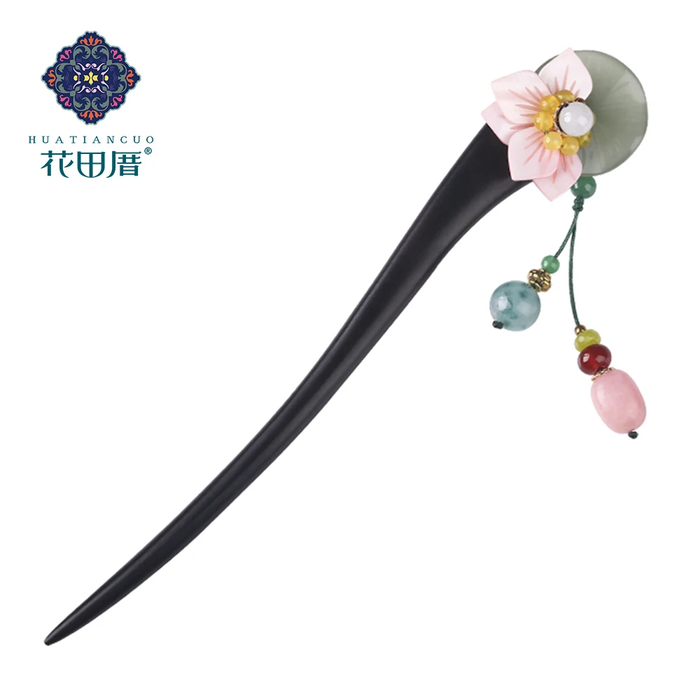 

Ethnic Tassel Handmade Pendant Hair Sticks E merald Pink Sculupture Shell Leaves Green Stone Lotus Leaf Woman Jewelry FZ-18008