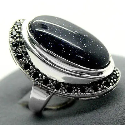 

unsex nice 17X30mm Blue Sandstone Oval Gem 925 Sterling Silver Marcasite Ring Size 7/8/9/10