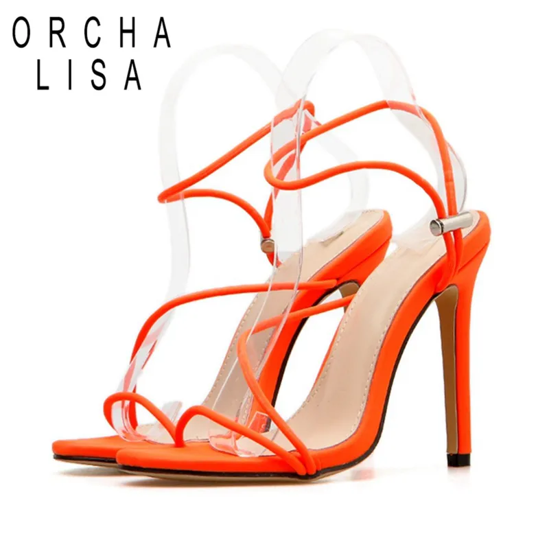 

ORCHA LISA 12cm cool thin high heels Sandals simple ankle strap summer shoes stilettos heels casual party dress shoes orange